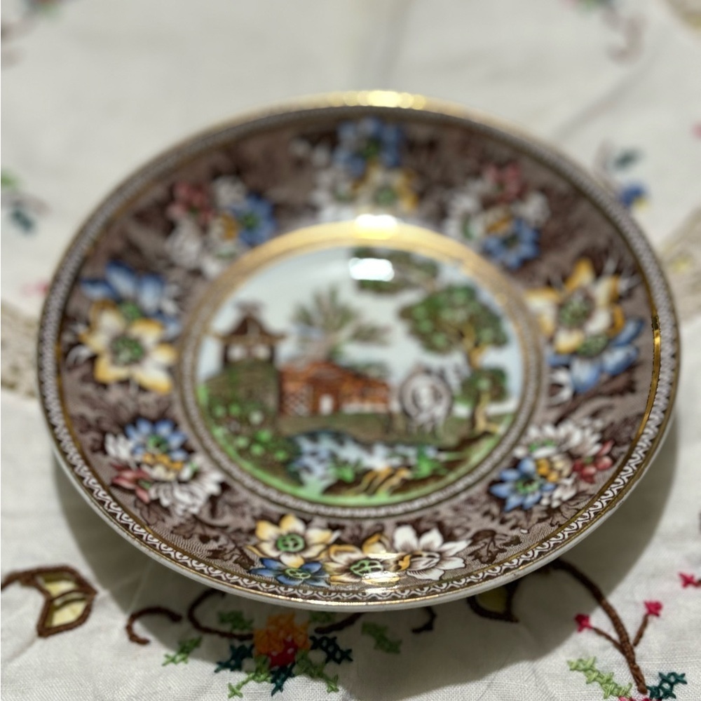 Vintage Brown and Blue Floral Serveware Plate with Pastoral Scene - Picture 2 of 7
